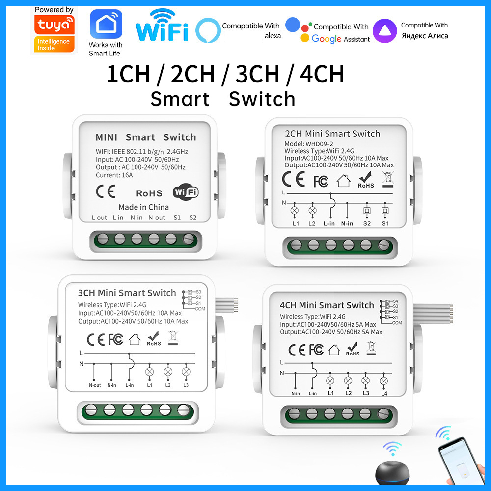 Smart Home Miniature - Interruptor Inteligente Tuya WiFi 1/2/3/4 Gangue,